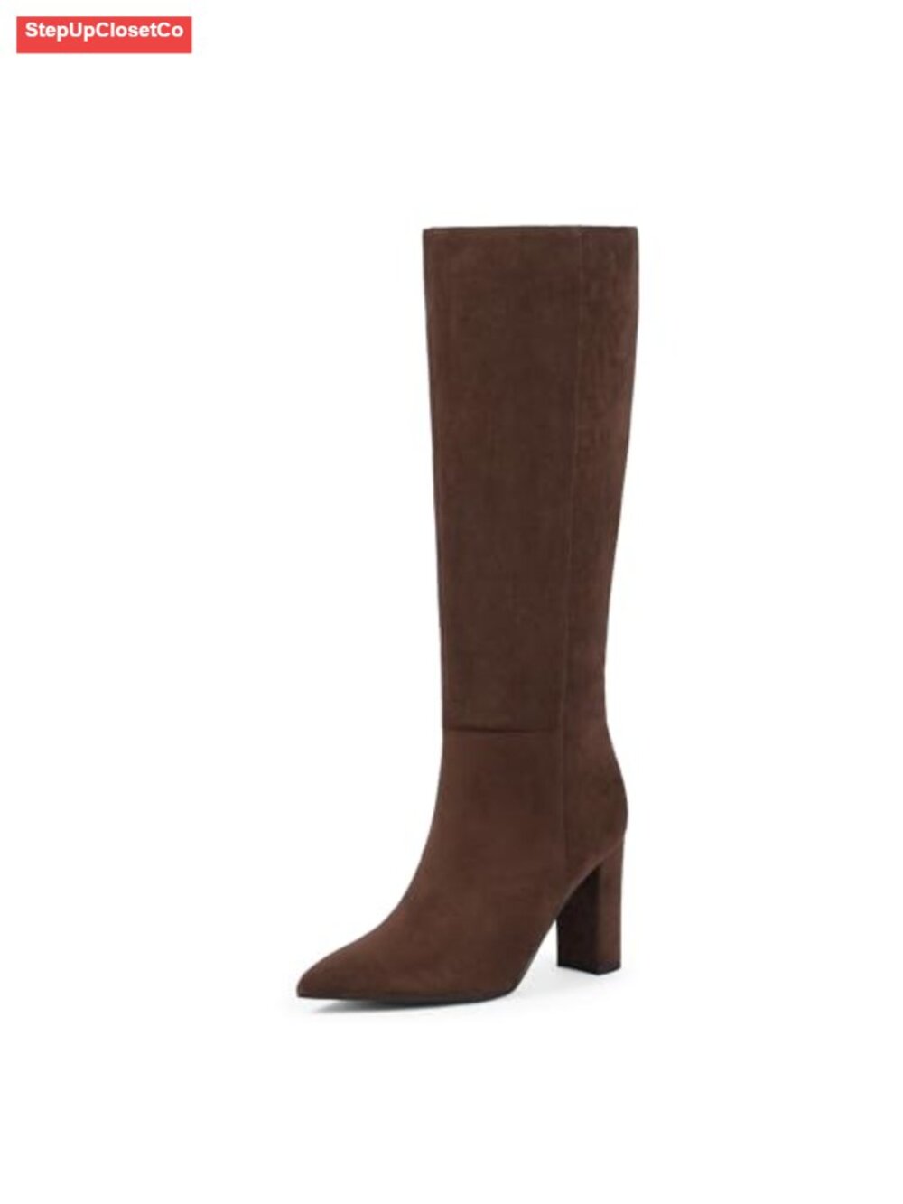 Knee High Boots Womens Pointed Toe Faux Suede Chunky Block Heel Side Zip